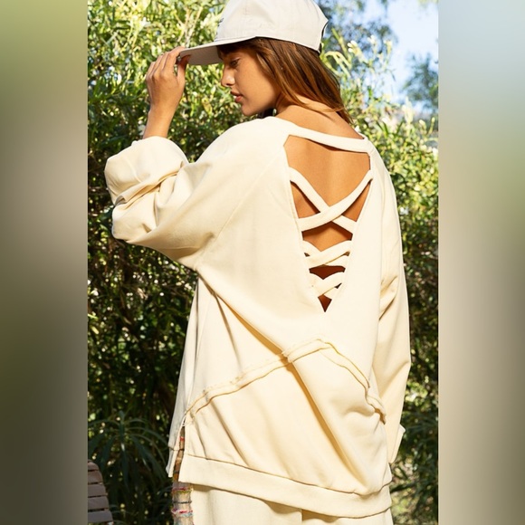 POL Back Cross Strap Detail Balloon Sleeve Sweatshirt - Picture 2 of 3